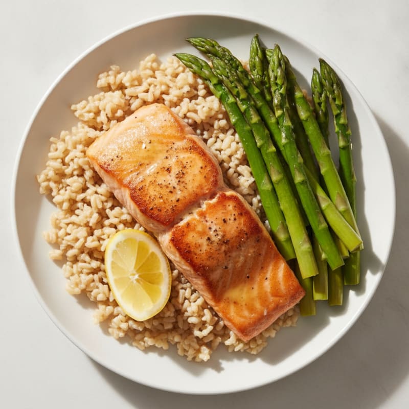 Seared Salmon with Steamed Asparagus and Brown Rice
