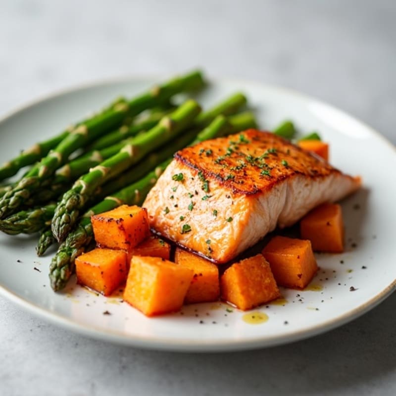 Seared Salmon with Roasted Sweet Potato and Asparagus