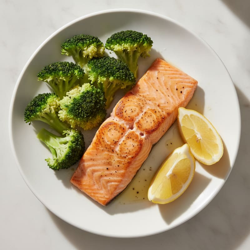 Seared Salmon with Steamed Broccoli and Lemon