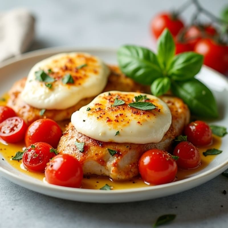 Baked Chicken with Melted Mozzarella, Roasted Tomatoes, and Fresh Basil