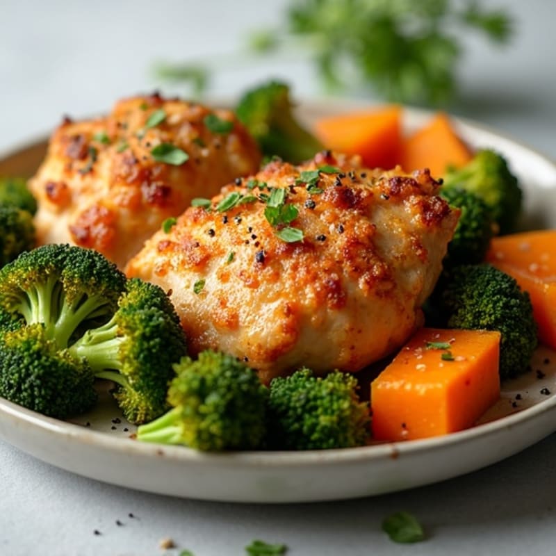 Crispy Baked Chicken Thighs with Roasted Broccoli and Sweet Potato