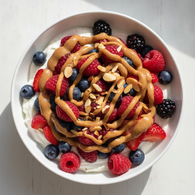 Greek Yogurt Protein Parfait with Mixed Berries and Almond Butter