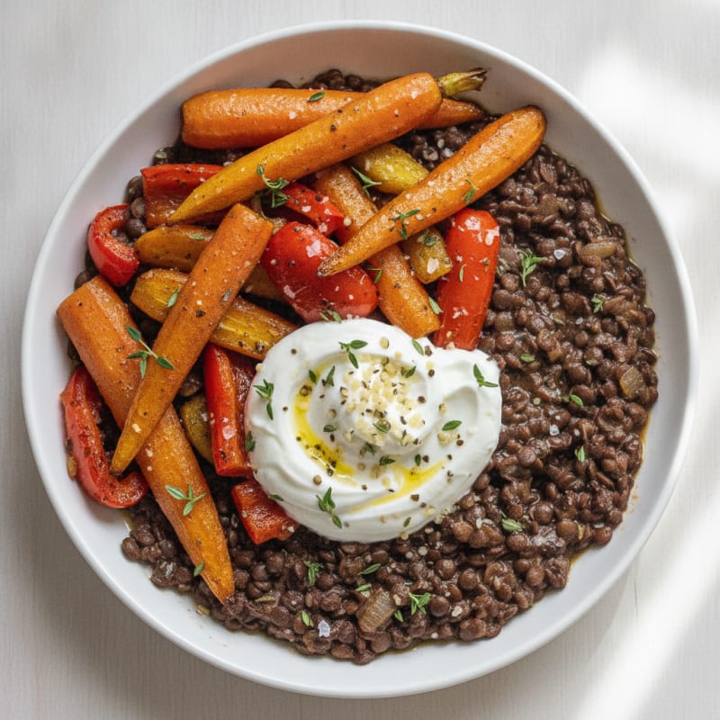 Braised Black Lentils with Roasted Vegetables