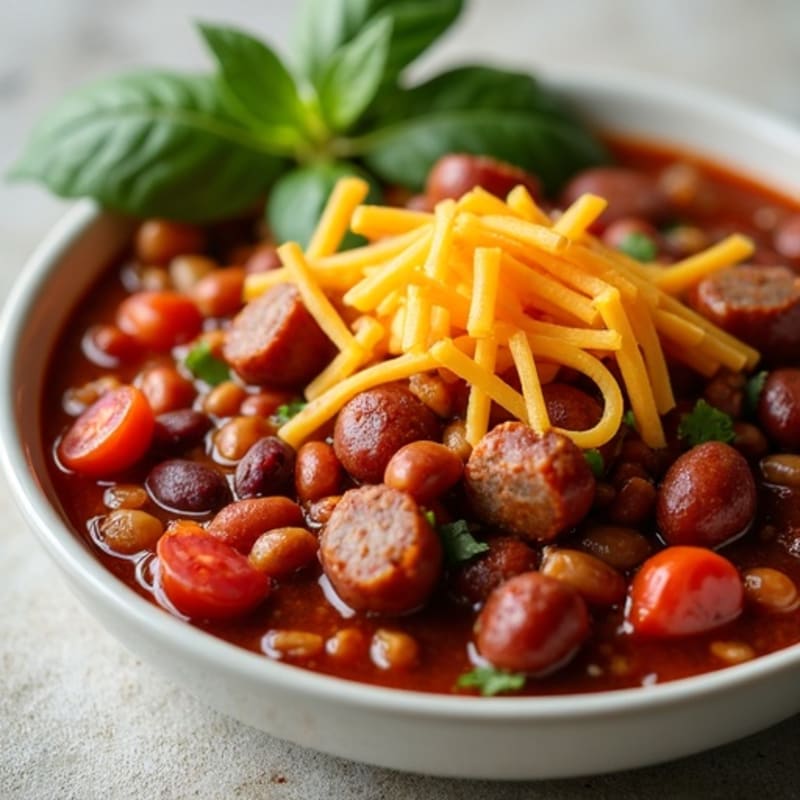 Lean Turkey Sausage with Hearty Beef & Bean Chili and Sharp Cheddar