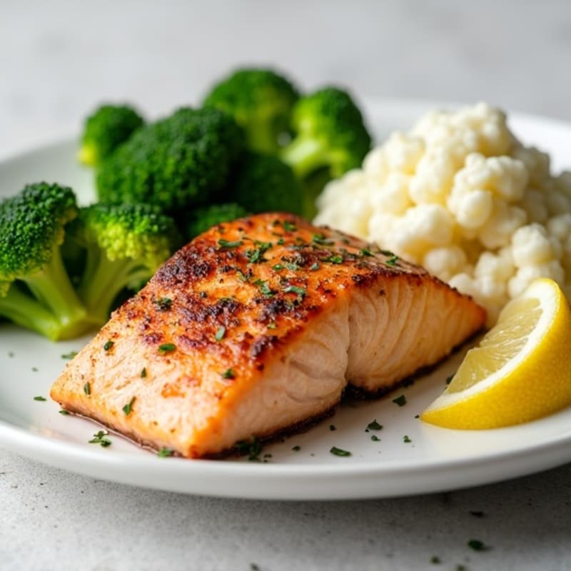 Seared Salmon with Steamed Broccoli and Garlic Mashed Cauliflower