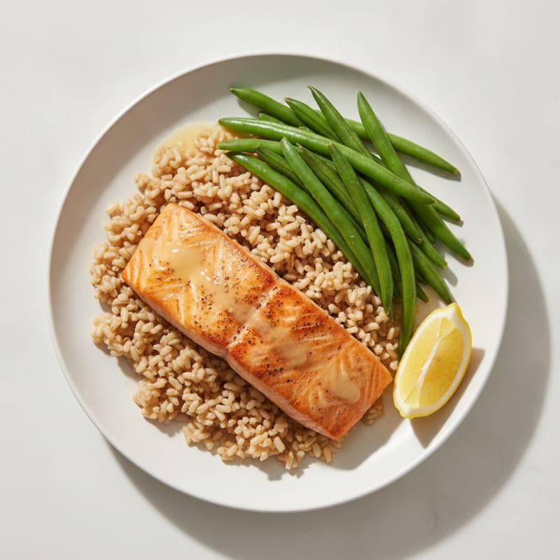 Seared Salmon Fillet with Steamed Green Beans and Brown Rice