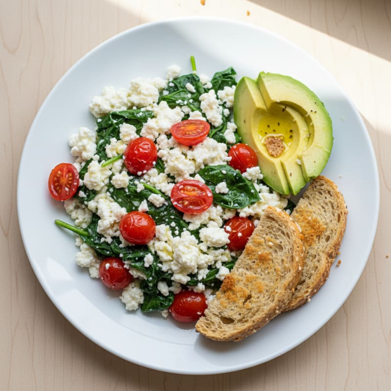Cottage Cheese Egg White Scramble with Spinach and Cherry Tomatoes