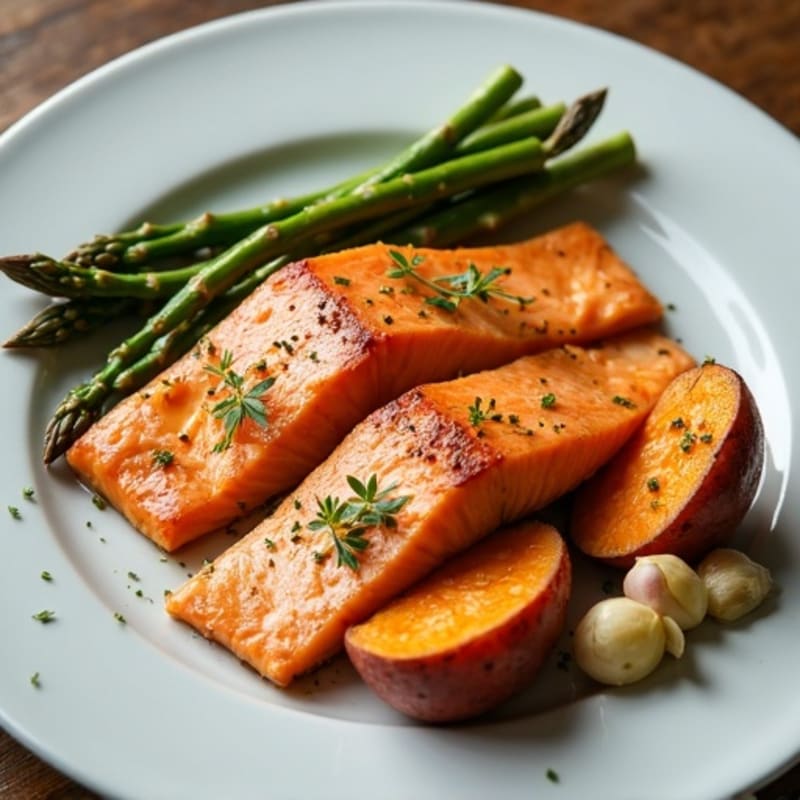 Seared Salmon Fillet with Roasted Sweet Potato and Asparagus