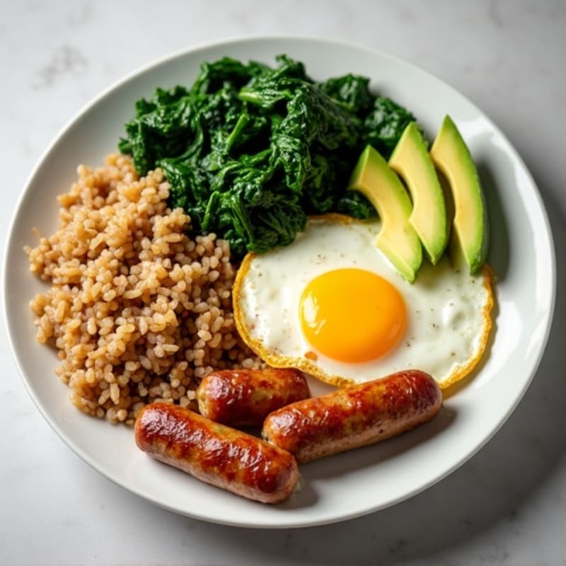 Scrambled Eggs with Chicken Sausage, Sautéed Spinach, and Brown Rice with Avocado