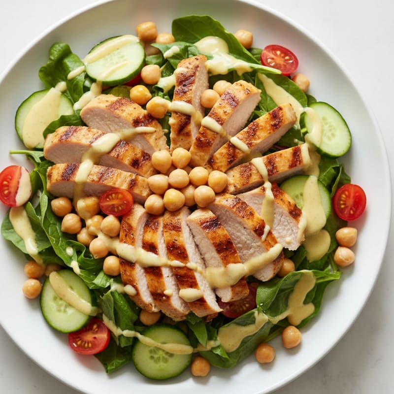 Grilled Turkey Breast Salad with Chickpeas and Lemon-Tahini Dressing