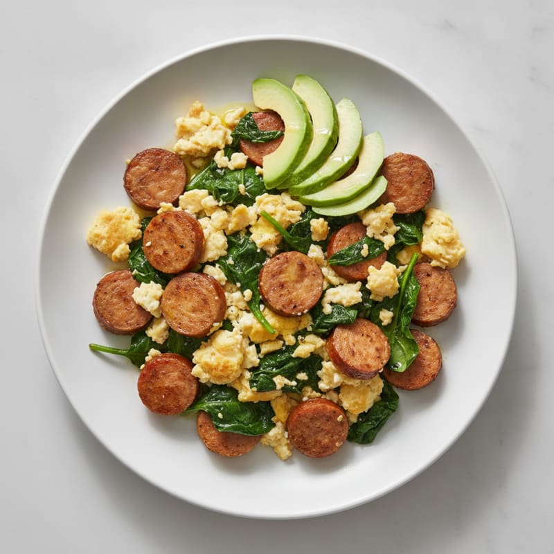 Egg White Scramble with Turkey Sausage and Sautéed Spinach