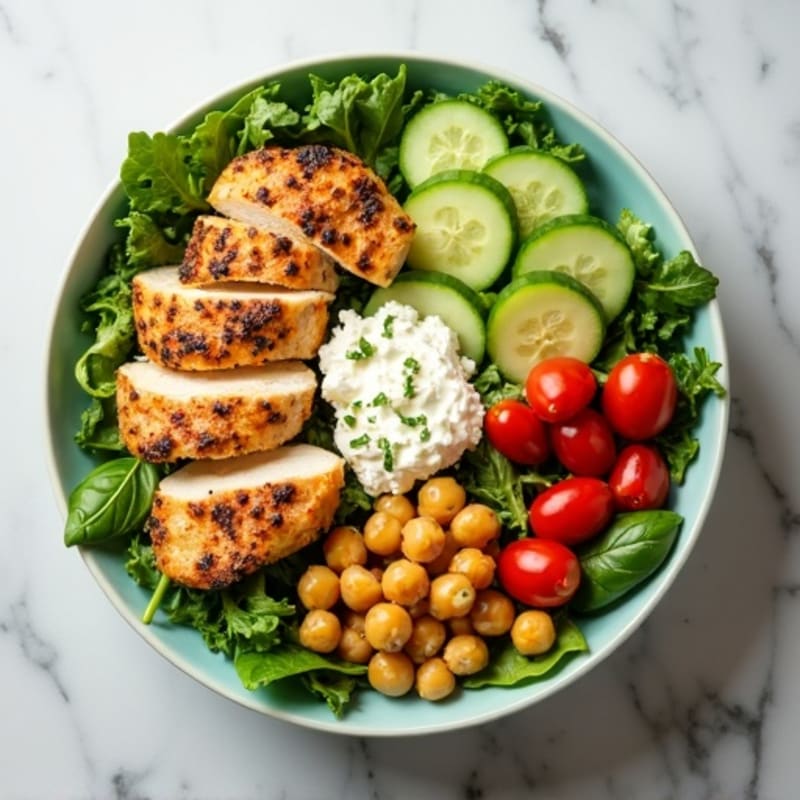 Lemon-Herb Chicken Salad Bowl with Crispy Chickpeas and Creamy Feta