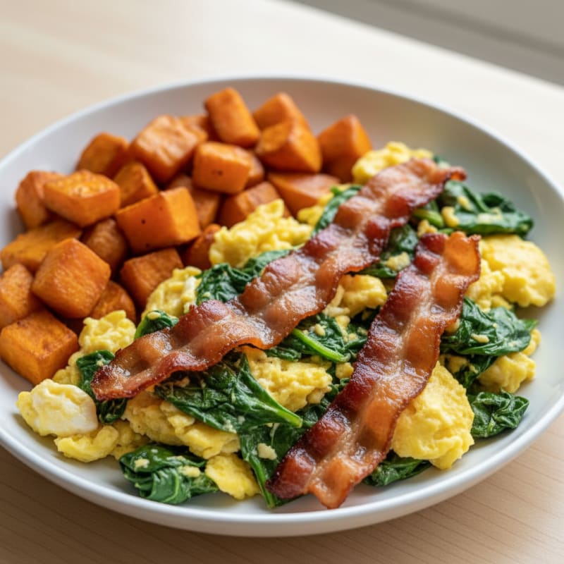 Crispy Turkey Bacon and Spinach Egg Scramble with Roasted Sweet Potatoes