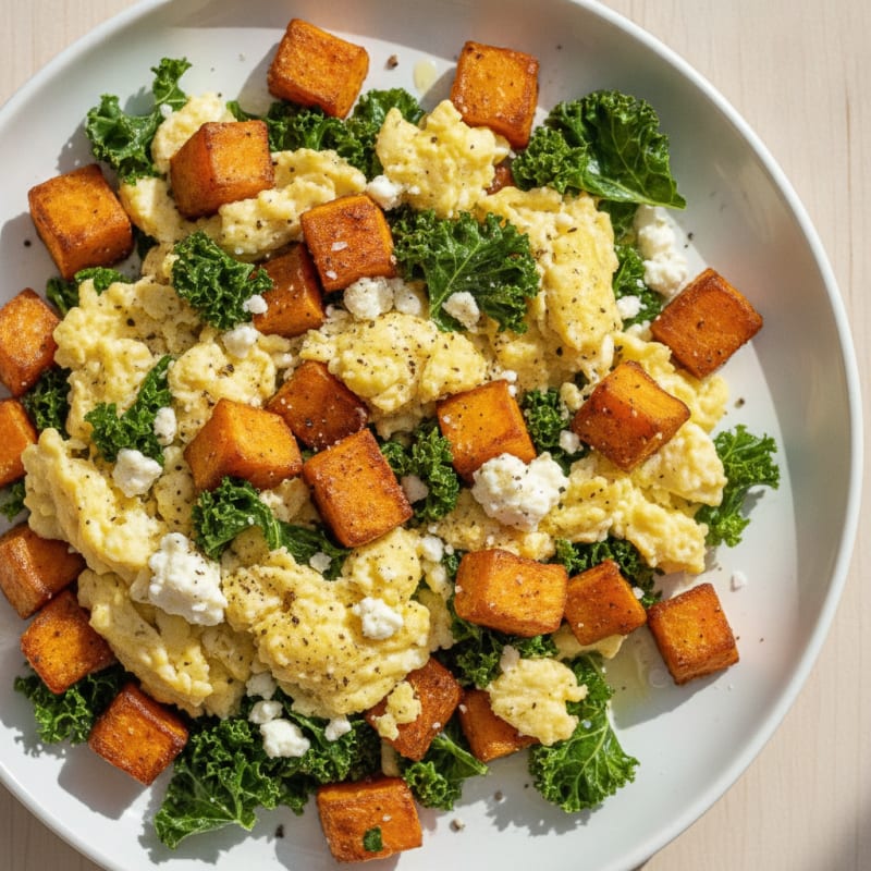Eggs with Roasted Sweet Potatoes and Kale