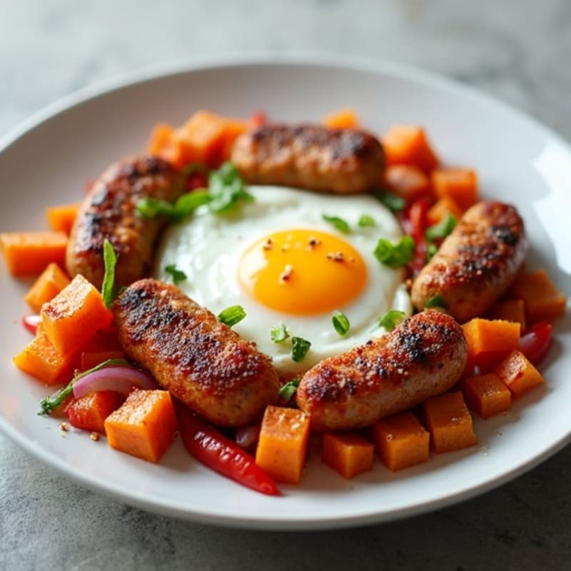 Crispy Sweet Potato and Lean Turkey Sausage Hash with Eggs