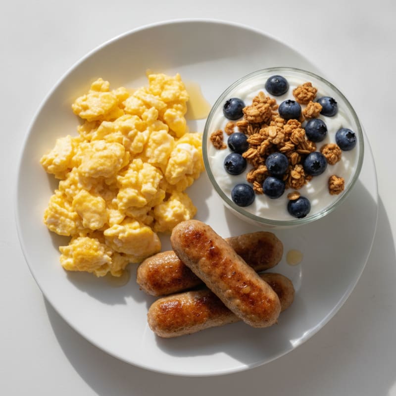 Fluffy Scrambled Eggs with Turkey Sausage and Greek Yogurt Parfait