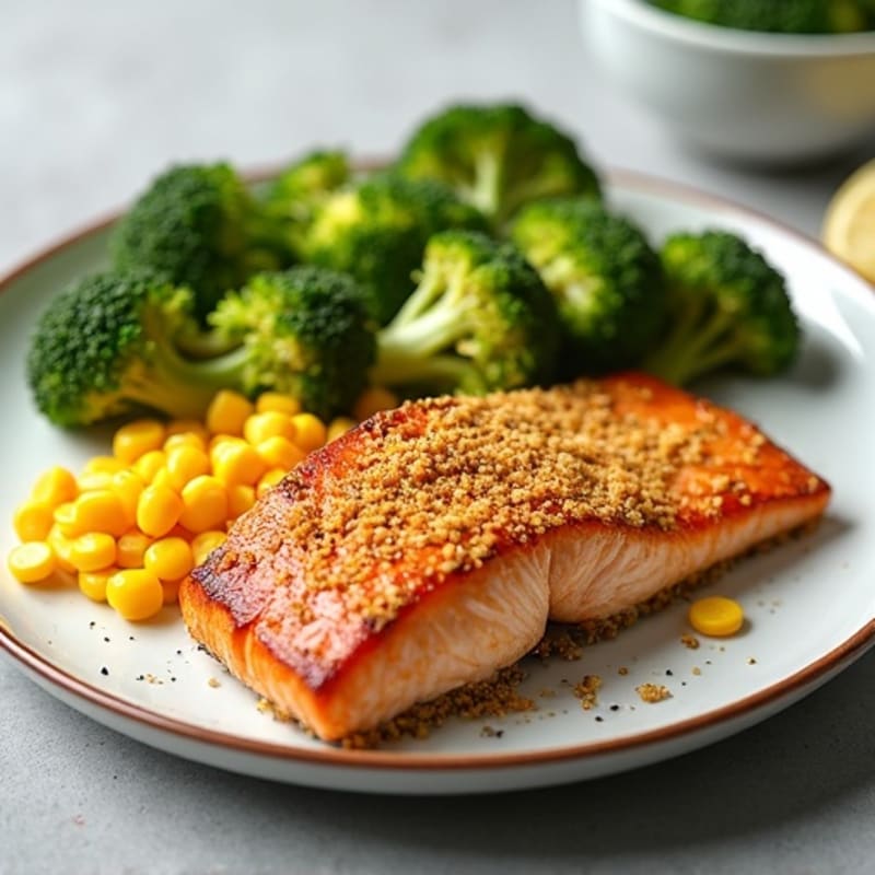 Crispy Baked Salmon with Steamed Broccoli Rice and Sweet Corn