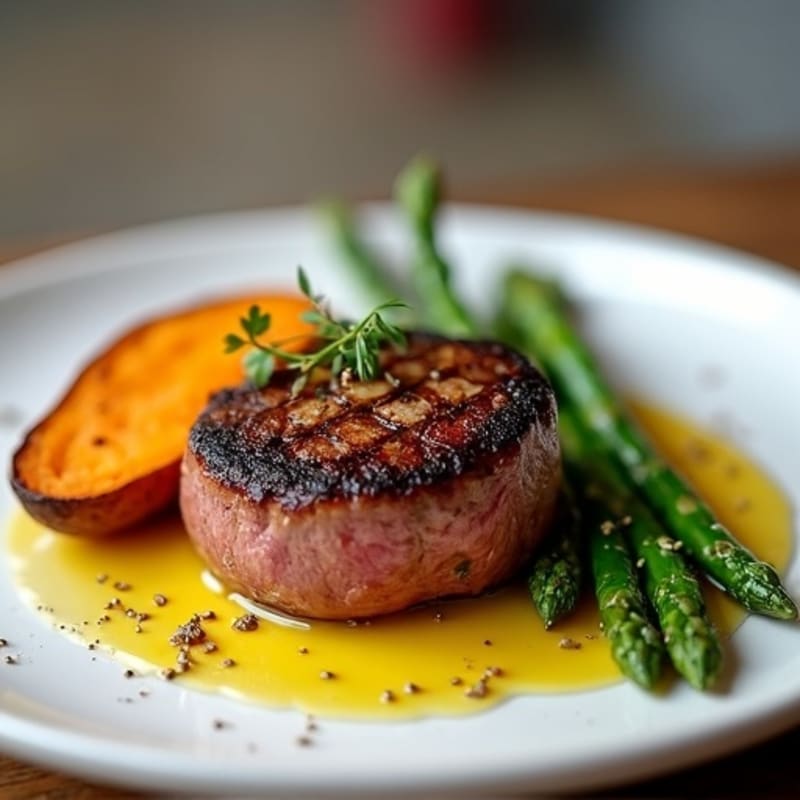 Pan-Seared Filet Mignon with Roasted Asparagus and Sweet Potato