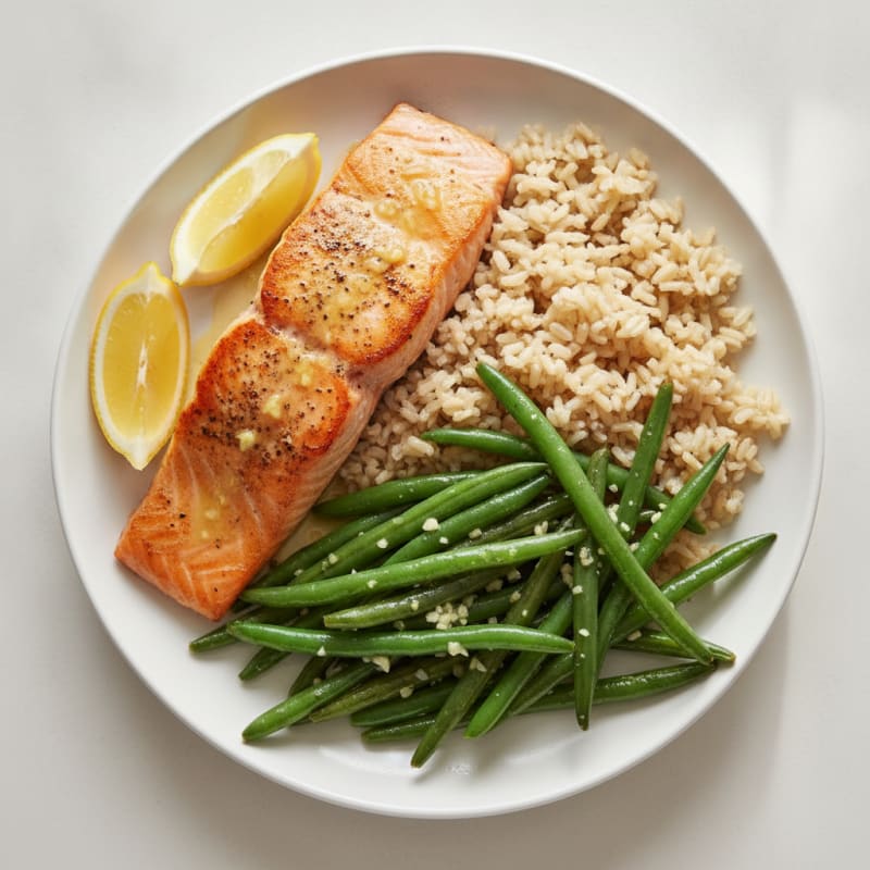 Seared Salmon with Garlic Green Beans and Steamed Brown Rice