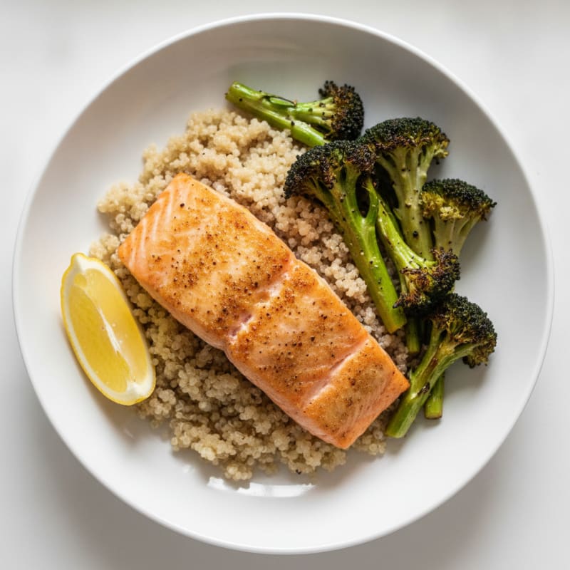 Seared Salmon with Roasted Broccoli and Quinoa