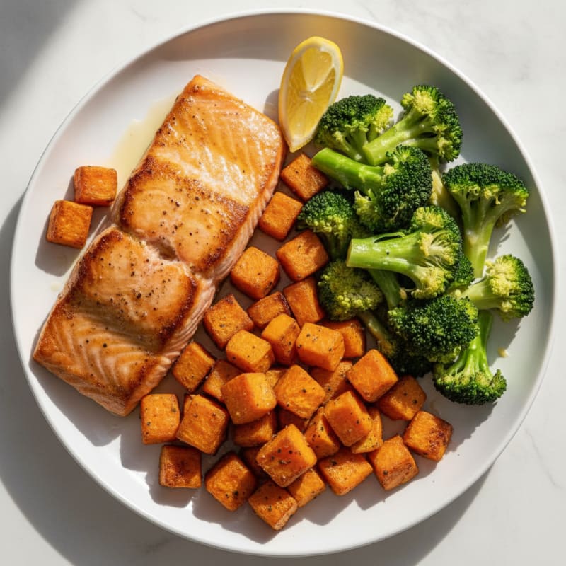 Seared Salmon with Roasted Sweet Potato and Steamed Broccoli
