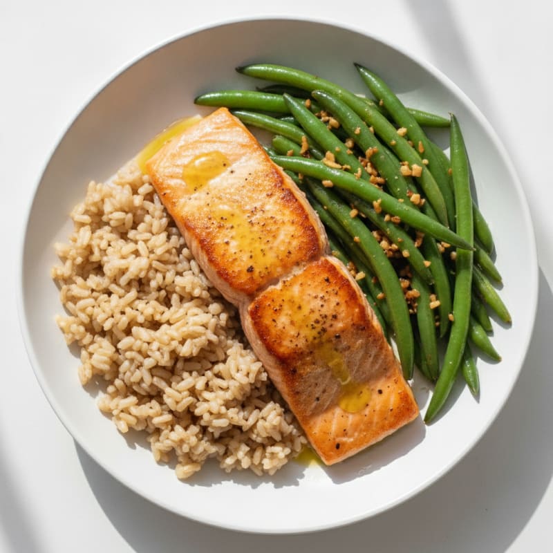 Pan Seared Salmon with Garlic Green Beans and Brown Rice