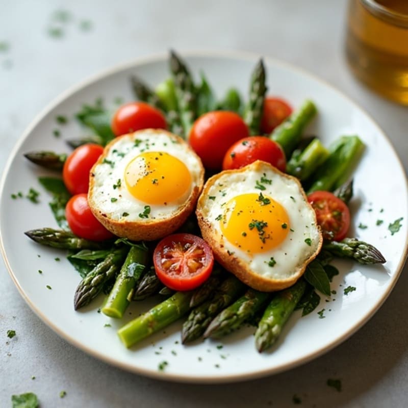 Baked Eggs with Roasted Asparagus, Cherry Tomatoes, and Fresh Herbs
