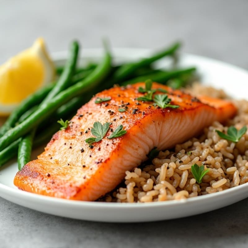 Seared Salmon Fillet with Garlic Green Beans and Brown Rice