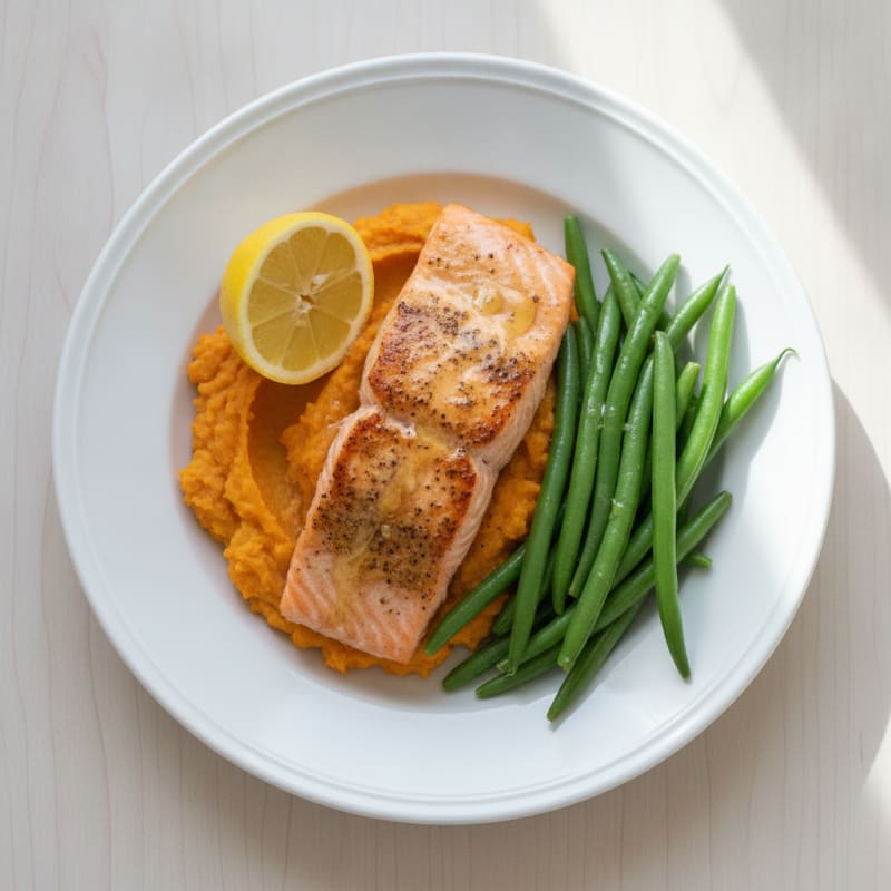 Seared Salmon with Steamed Green Beans and Sweet Potato Mash