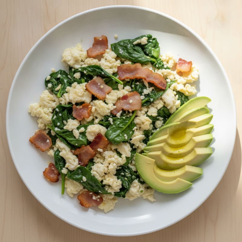 Crispy Turkey Bacon and Egg White Scramble with Sautéed Spinach