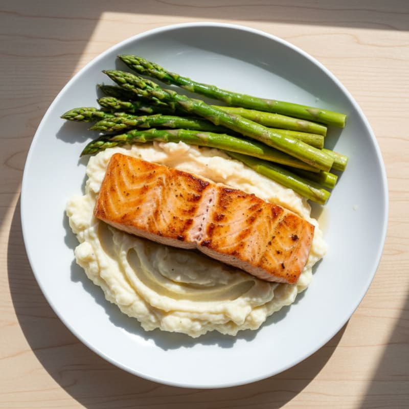 Seared Salmon with Steamed Asparagus and Garlic Mashed Cauliflower
