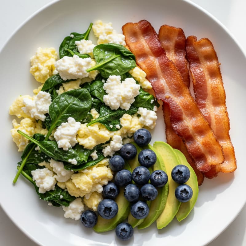Cottage Cheese Egg White Scramble with Spinach and Turkey Bacon