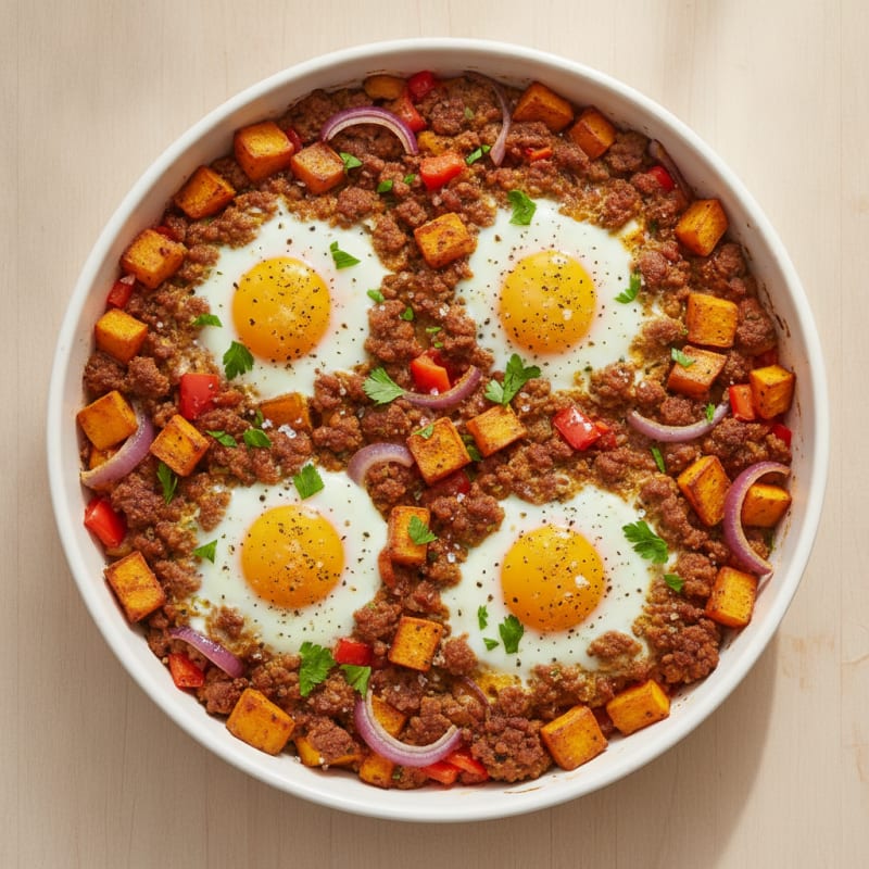 Baked Eggs with Roasted Sweet Potatoes and Turkey Hash