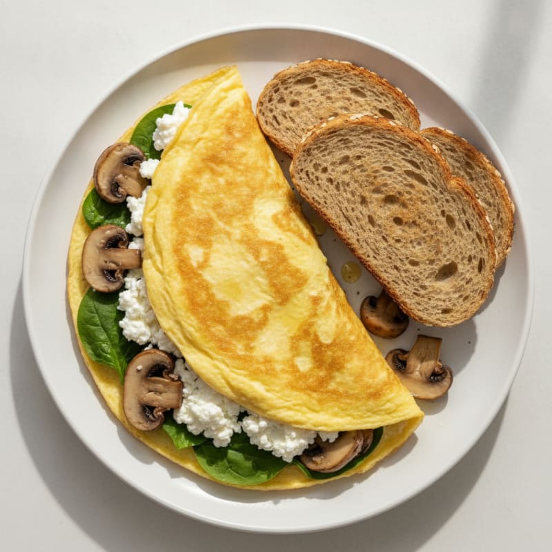 Egg White Spinach Omelette with Cottage Cheese and Sautéed Mushrooms