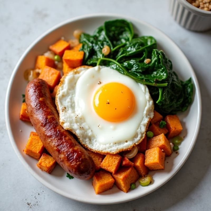 Crispy Sweet Potato Hash with Sunny-Side Up Eggs and Sautéed Greens