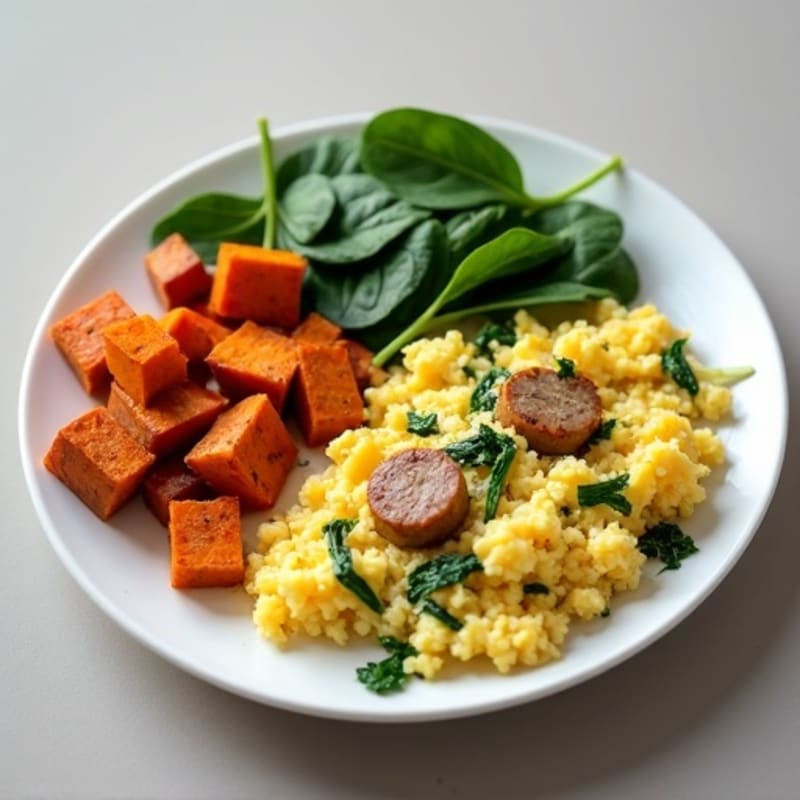 Egg White and Turkey Sausage Scramble with Spinach and Roasted Sweet Potato