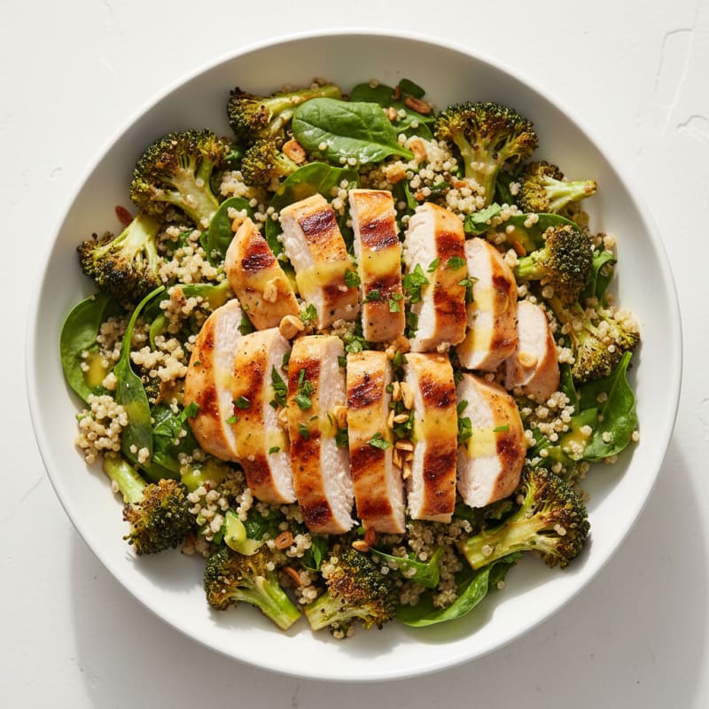 Grilled Chicken Breast Salad with Quinoa and Roasted Broccoli