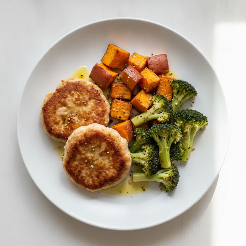 Seared Turkey Patties with Roasted Sweet Potato and Broccoli