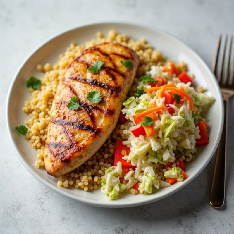 Grilled Chicken Breast with Crunchy Cabbage Slaw and Quinoa
