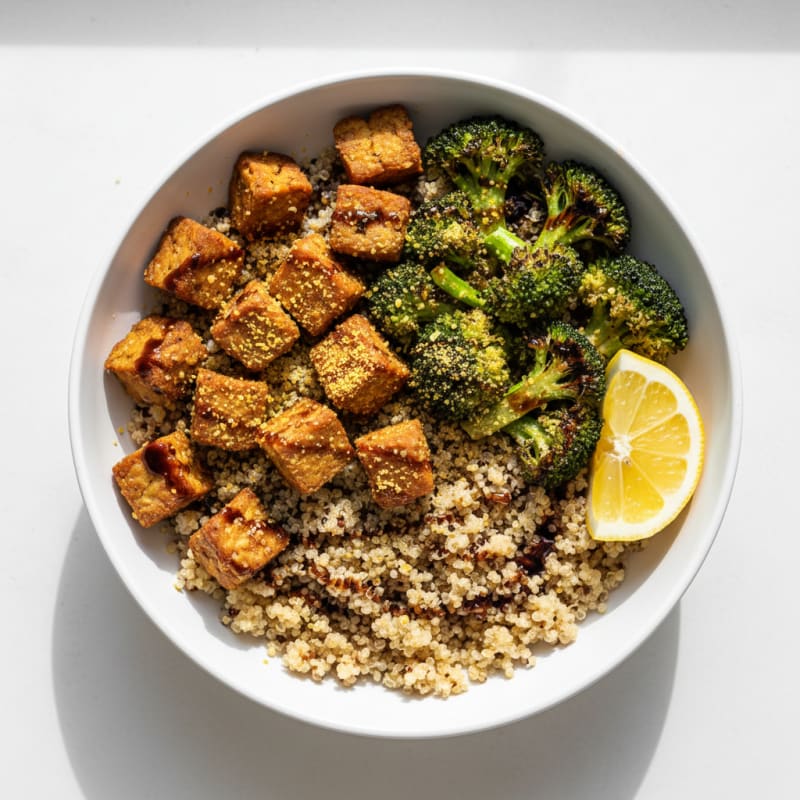Crispy Tempeh Power Bowl with Quinoa and Roasted Broccoli
