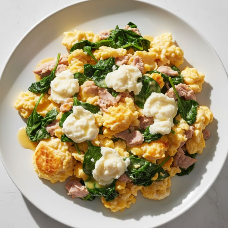 Creamy Scrambled Eggs with Smoked Turkey and Sautéed Spinach