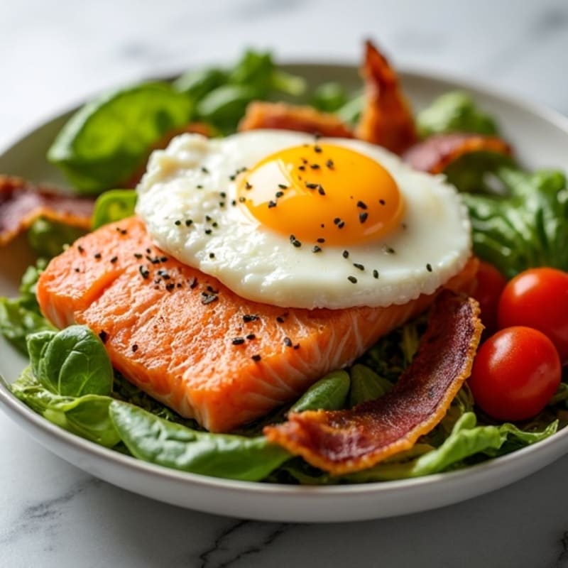 Flaky Salmon and Egg Salad with Crispy Bacon and Fresh Vegetables