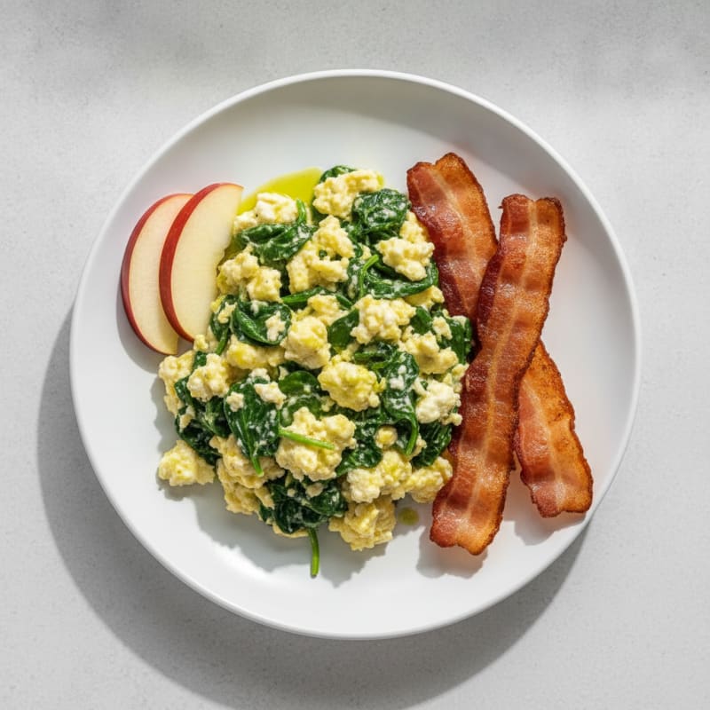 Cottage Cheese Egg Scramble with Spinach and Turkey Bacon