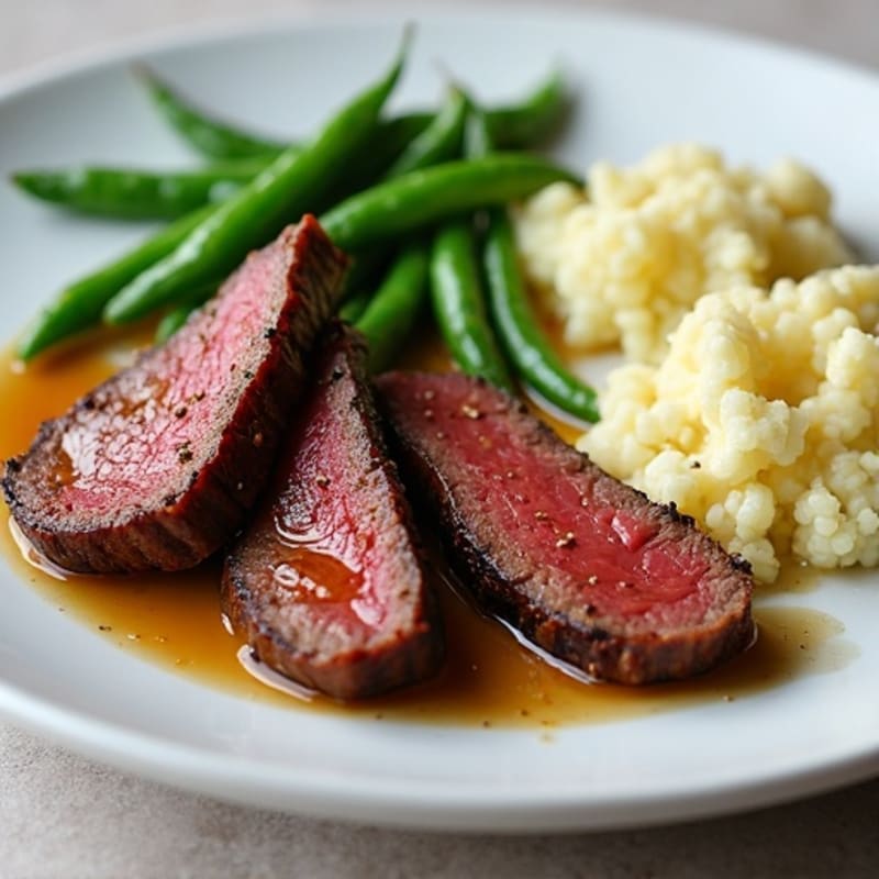 Seared Lean Beef Strips with Steamed Green Beans and Cauliflower Mash