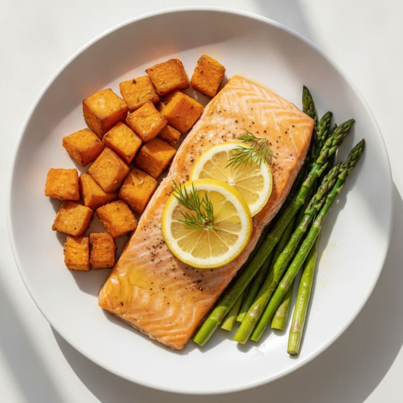 Baked Salmon with Roasted Sweet Potatoes and Asparagus