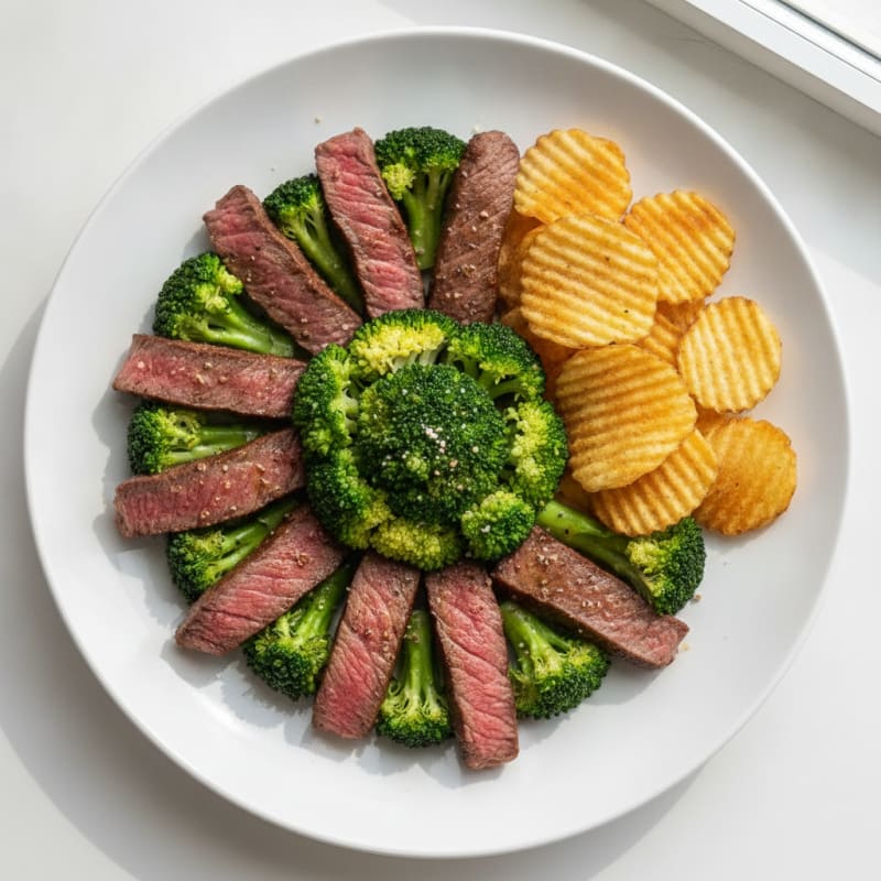 Seared Lean Beef Strips with Steamed Broccoli and Baked Potato Chips