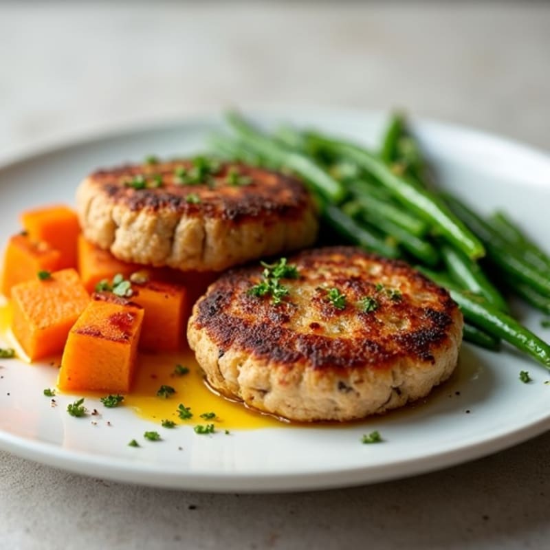 Seared Turkey Patties with Roasted Sweet Potato and Green Beans