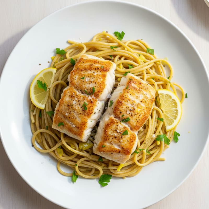Crispy Pan-Seared Cod with Zesty Lemon Pasta