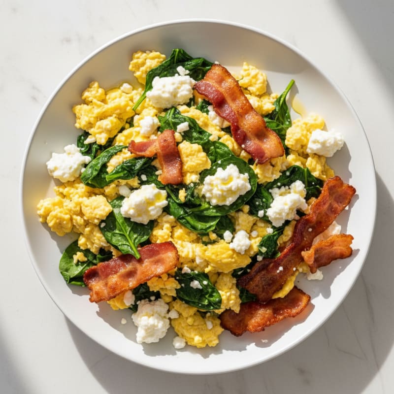Cottage Cheese Egg Scramble with Spinach and Turkey Bacon