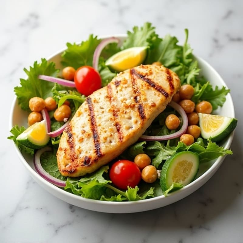Grilled Chicken Breast Salad with Crunchy Chickpeas and Mixed Greens